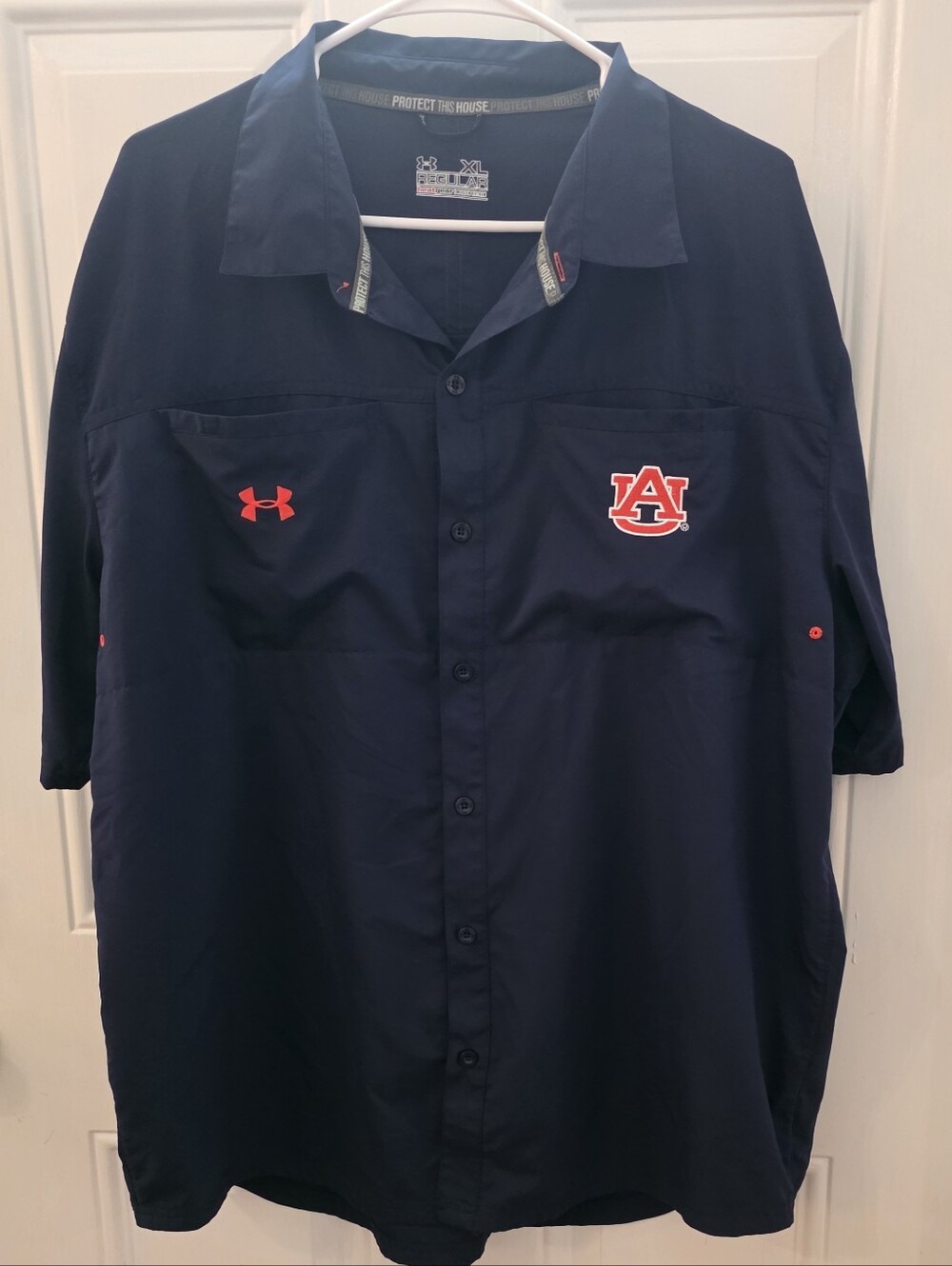 Under Armour Navy Button-Down Shirt with Auburn Logo and Orange Accents